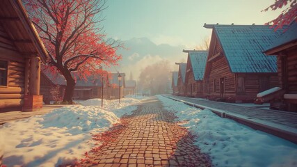 Tracking camera moving along stone path at village dawn, with log cabins, red-leaved tree and mist - Powered by Adobe