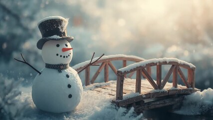 Snowman wearing top hat and scarf beside footbridge on frozen stream, snow drifting, copy space - Powered by Adobe