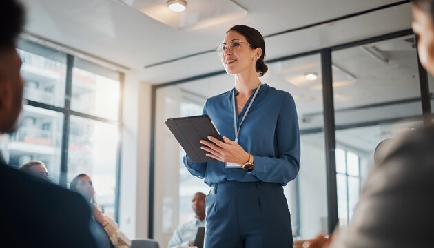 Woman with glasses holds tablet during presentation in a bright office space, concept for corporate training, executive workshop and technology demonstration