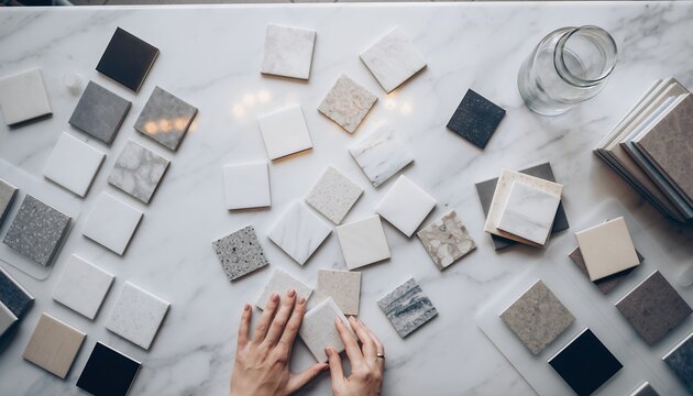 Overhead shot of woman selecting ceramic tiles for interior design on white marble background, concept for renovation planning, home decoration and material selection