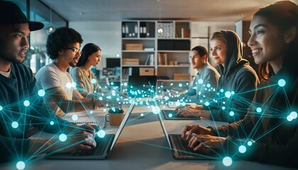 Diverse team working on laptops with network visualizations in office environment. Concept for global communication, digital transformation and collaborative innovation