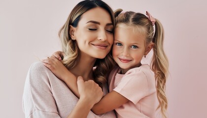 Young mother embracing her daughter with love and tenderness on soft pink backdrop. Concept for happy family moments, parenting guidance and children's positive relationship