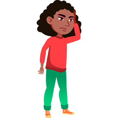 Young Black Girl With Curly Hair Wearing Red Sweater and Green Pants Stands With Hand on Forehead Looking Concerned In Studio Lighting