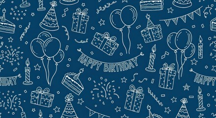 Birthday doodles white outlines on blue