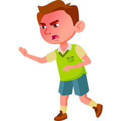 Young Boy Angry Expression Red Face Green Vest Blue Shorts White Background Kid Emotion Gesture Studio Isolated