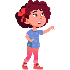 Young Girl With Curly Brown Hair And Red Bow Wearing Blue Polka Dot Shirt Pink Pants And Red Shoes Stands With Arm Outstretched