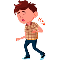 Young Boy Experiencing Neck Pain and Discomfort with Red Lightning Symbols on White Background