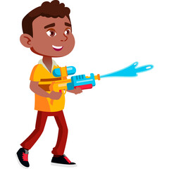 Young boy in yellow shirt red pants playing with water gun shooting water with blue background action portrait of a happy child enjoying summer outdoor activity and fun on transparent background.
