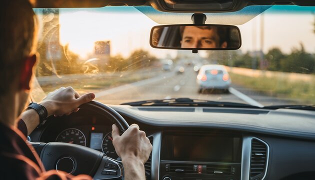 Inside car view of a man driving on the highway during sunset with reflection in the mirror, concept for road trip adventure, transportation and travel lifestyle