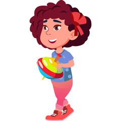 Young Girl In Blue Shirt And Pink Pants Holds A Spinning Top Toy With Red Bow In Her Curly Dark Hair Caucasian Ethnicity With White Background