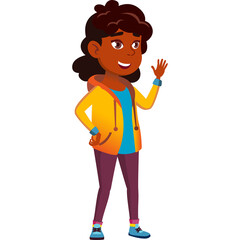 Young Girl Waving Hello Wearing Yellow Hoodie Blue Shirt Purple Pants and Blue Shoes Standing Against White Background