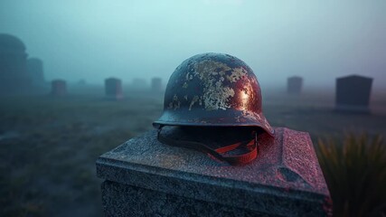 Upon start camera dollying in and tilting down over war cemetery stone plinth, showing helmet wear - Powered by Adobe