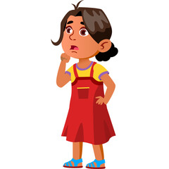 Young girl with brown hair wearing a red overall dress and yellow shirt with blue sandals looks confused with hand on chin isolated on white background
