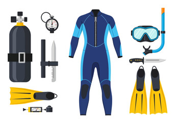 Scuba Diving Equipment Set with Wetsuit Tank Mask Fins and Knives.
