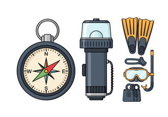 Scuba Diving Gear Set with Compass Flashlight Fins Mask and Weights. © Michelle studio