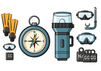 Scuba Diving Equipment: Fins Compass Flashlight Mask Snorkel and Weights.