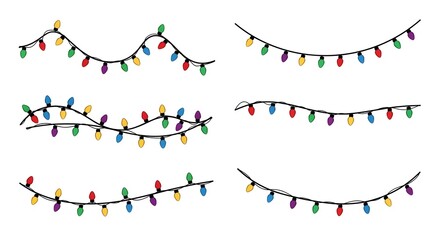 Set of multicolor Christmas string lights garlands curved and wavy strands with red, green, blue, yellow, and purple bulbs on black wires. clean isolated elements for borders, banners