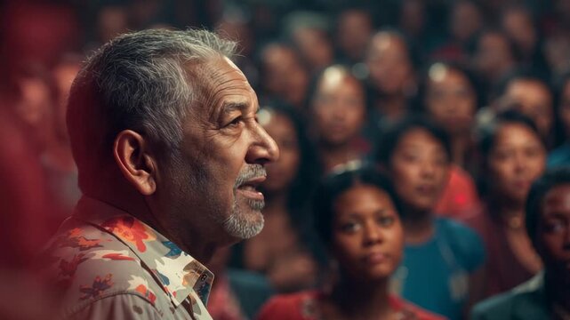 Eyes opening signaling senior male singer projecting powerful verse on stage, with amber fixtures