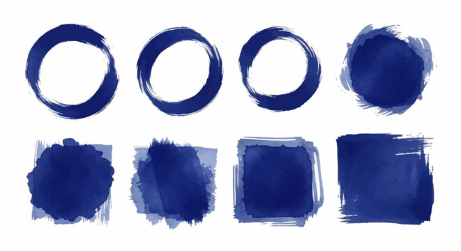 Eight navy blue watercolor paint shapes three circles one blob and four squares arranged in two rows against a white background