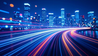 Fototapeta premium Futuristic city skyline glowing with blue light trails, showing speed, motion, and modern digital technology