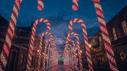 Upon clip opening camera gliding through holiday market street at dusk, revealing candy cane arches - Powered by Adobe