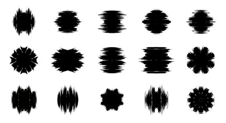 Fifteen black roughedged abstract shapes are arranged in a 3x5 grid