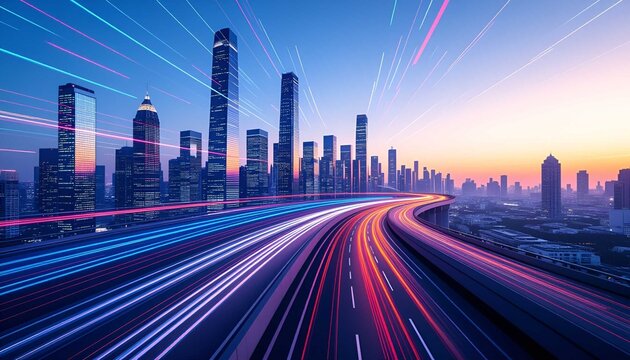 Vibrant motion blur lights on highway under skyline create futuristic atmosphere of acceleration and innovation