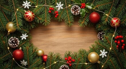 Evergreen branches frame wooden surface with festive ornaments and lights