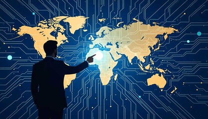 Global business strategy and data analysis as a corporate man points to the digital world map overlayed with a futuristic technology circuit network