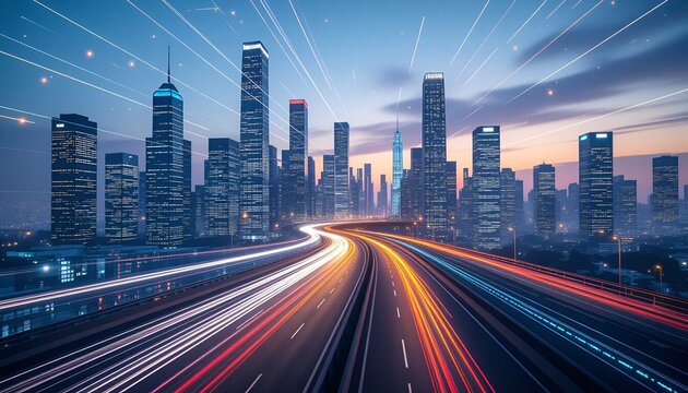 Panoramic view of modern cityscape illuminated by glowing traffic lines, representing speed and digital progress