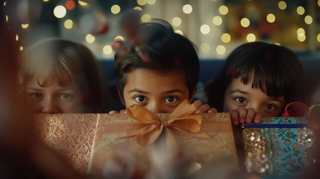 three siblings holding gift boxes and peeking from first frame on couch expecting surprise