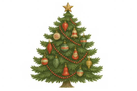 Christmas tree featuring vintage holiday ornaments, festive red beads, and a star on top. Transparent background