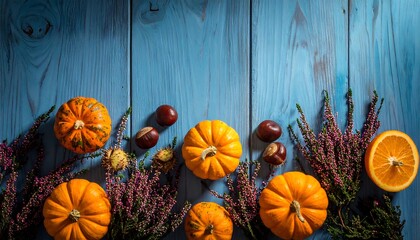 Autumnal Still Life - Pumpkins, Chestnuts, Heather, and Orange Slice on Blue Wood.