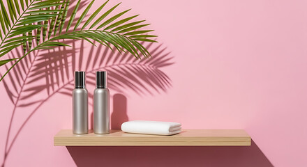 Cosmetic bottles and towel on shelf with palm leaf shadow on wall