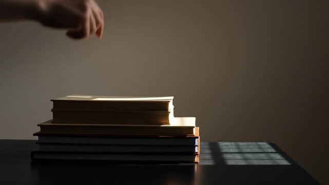 An office workspace features stacks of brown folders filled with documents on a black desk during the day. 4k video