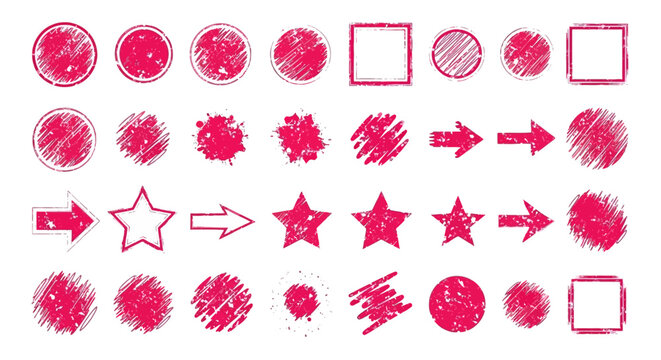 Graphic 35 distressed pink icons of circles squares stars and arrows in 4 rows on a white background