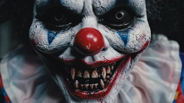 A close up of a creepy clown with white face paint, a red nose, and a sinister grin