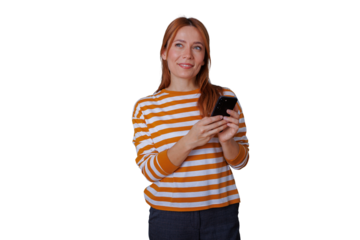 Woman smiling, looking away, holding smartphone, thinking, daydreaming with transparent background