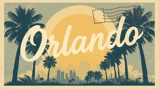 Orlando Vintage Postcard Featuring City Skyline, Palm Trees, and Radiant Sun