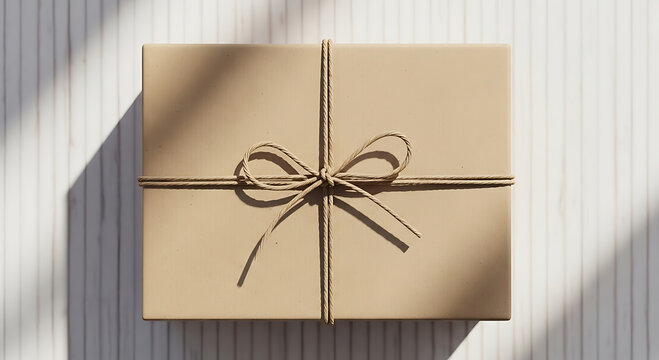 Tan colored present tied with string on a white striped surface