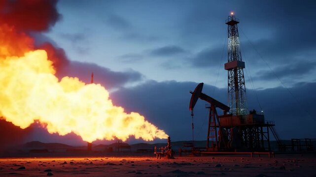 Oil pump jack in the desert at sunset with industrial port cargo ships in the harbor sky