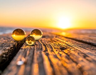 Golden spheres on weathered wood at sunset create a serene scene.