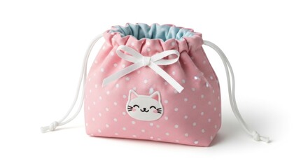 Pink polka-dot drawstring bag with cat face applique & bow