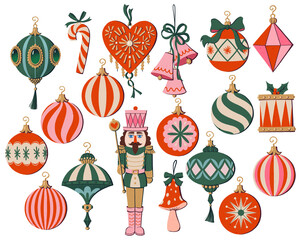 Retro Pink Vintage Christmas Ornaments Illustrations Isolated