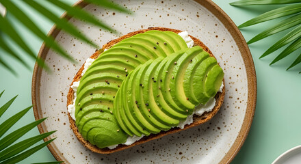 Close up of avocado toast with cream cheese on a speckled plate