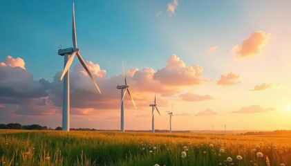 Majestic windmills stand tall against a vibrant summer sky, their blades lazily turning in the gentle breeze A picturesque scene of rural tranquility and renewable energy , power, eco, bright