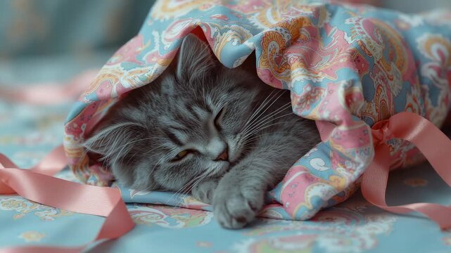 Breathing grey kitten resting in pastel paisley drawstring bag on bedspread, with pink ribbons