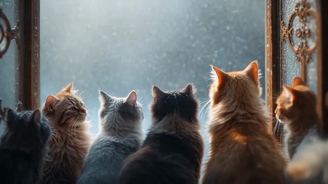 Reacting to snowflakes, six cats on home wooden windowsill by window grille watching snowfall