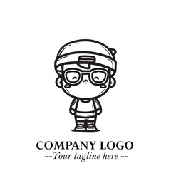 Black and White Chibi Boy Illustration with Jacket and Boots in Bold Thick Line Art Minimal Style
