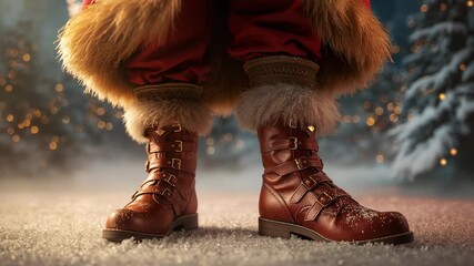 Santa figure wearing red fur-trimmed pants shifting weight, pivoting boots on snow with pine lights - Powered by Adobe